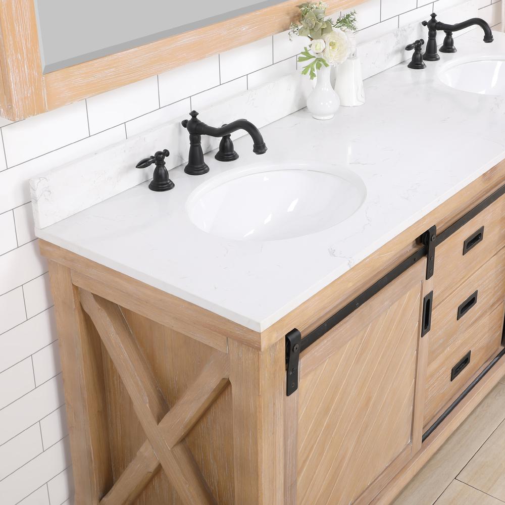 Double Sink Bath Vanity with White Composite Countertop and Mirror. Picture 9