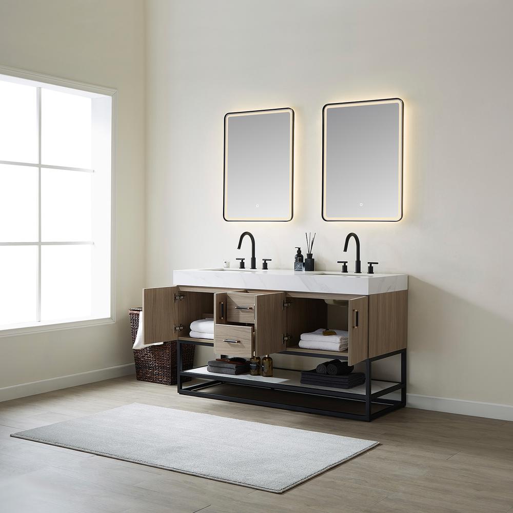 Double Sink Bath Vanity with White Sintered Stone Top and Mirror. Picture 5