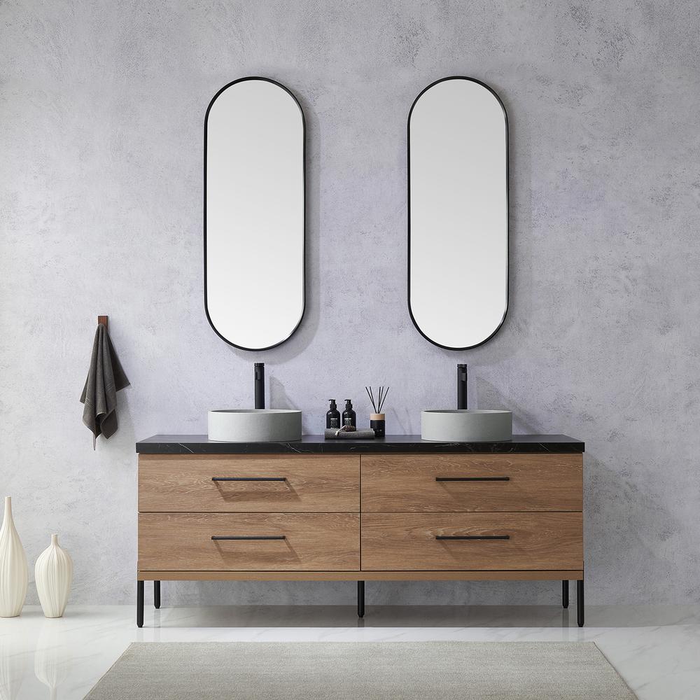 Double Sink Bath Vanity with Sintered Stone Top with Concrete Sink and Mirror. Picture 5