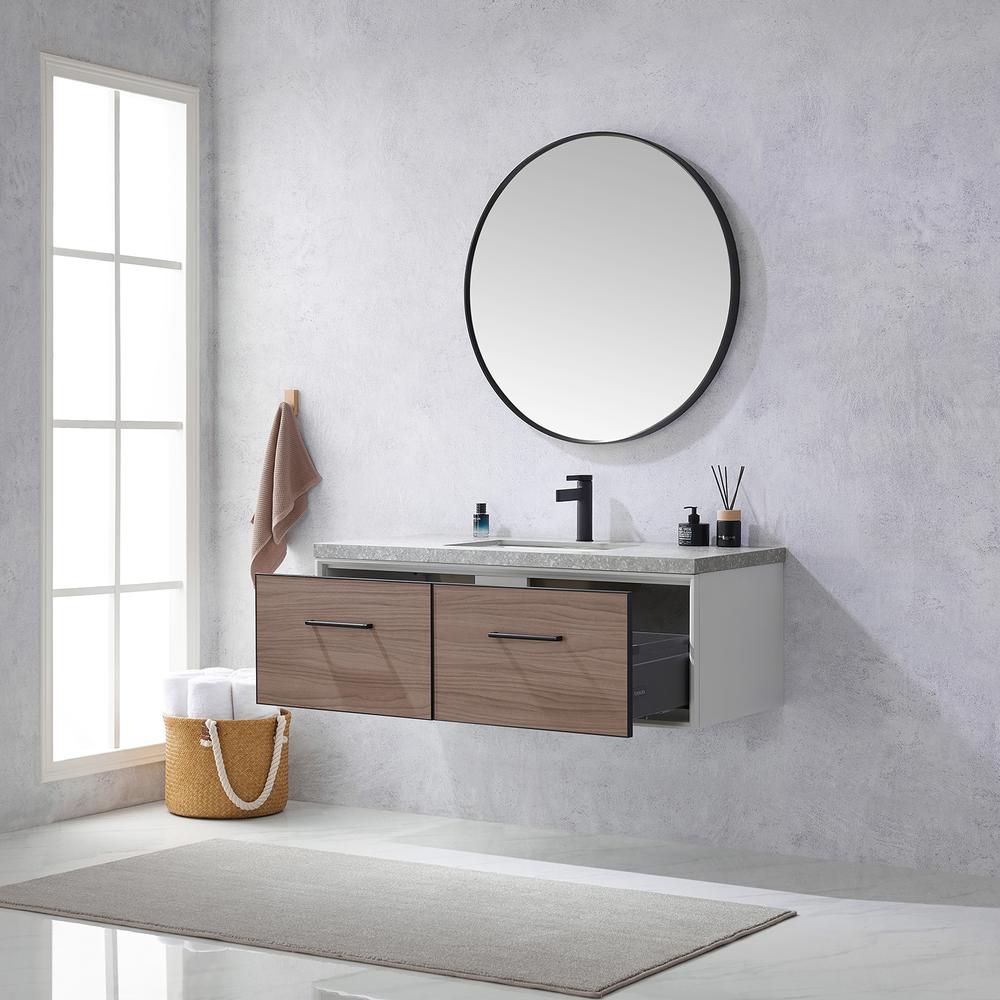 Single Sink Bath Vanity in Light Walnut with Grey Sintered Stone Top and Mirror. Picture 6