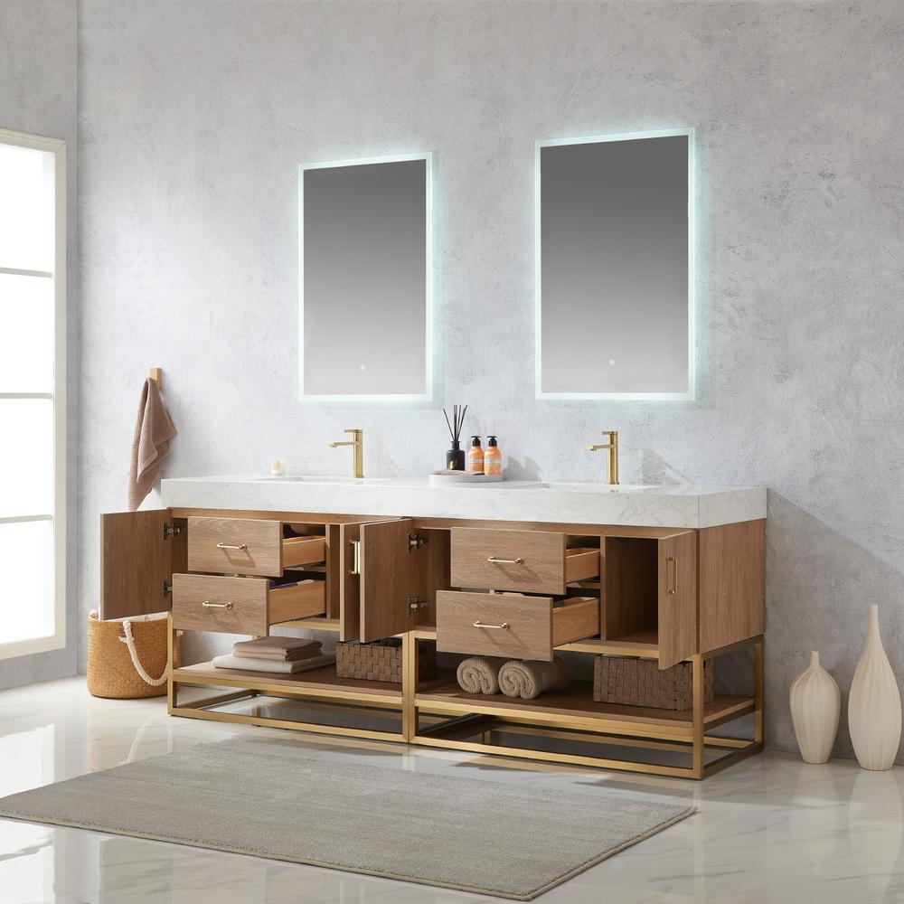 84" Double Sink Bath Vanity with White Grain Stone Countertop and Mirror. Picture 6