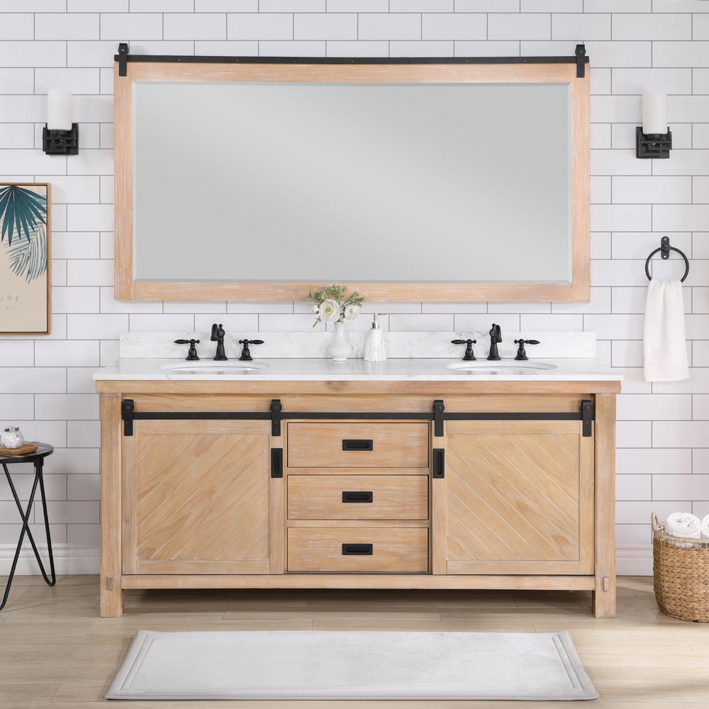 Double Sink Bath Vanity with White Composite Countertop and Mirror. Picture 3