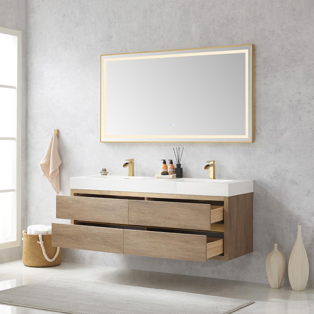 Double Sink Wall-Mount Bath Vanity Composite Integral Sink Top and Mirror. Picture 6