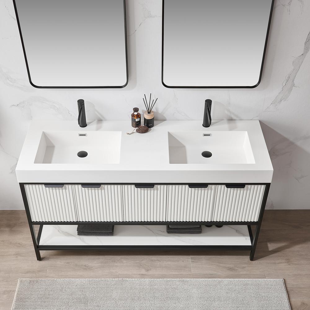 Double Sink Bath Vanity with One-Piece Composite Stone Sink Top and Mirror. Picture 7