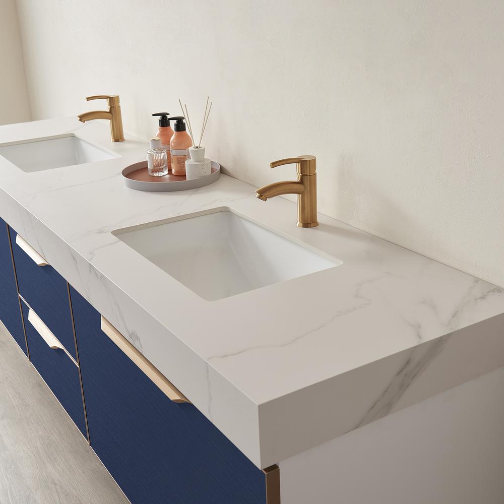 Alicante 84" Double Sink Bath Vanity in Blue with White Sintered Stone Top. Picture 9