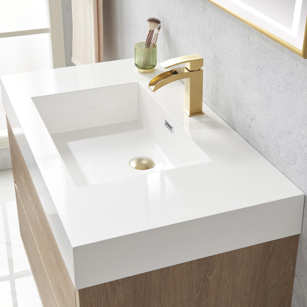 Single Sink Wall-Mount Bath Vanity Composite Integral Square Sink Top, Mirror. Picture 7