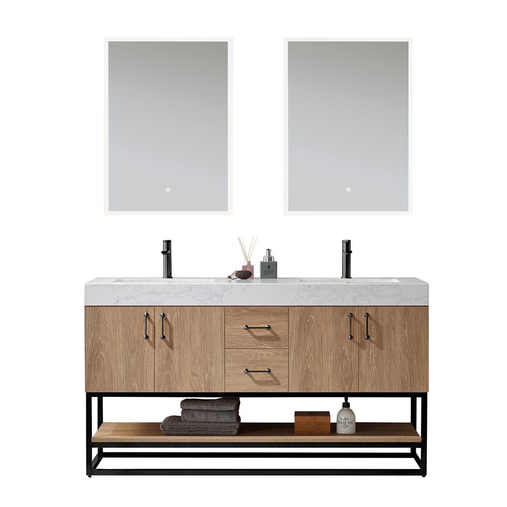 60B" Double Vanity with White Grain Stone Countertop With Mirror. Picture 1