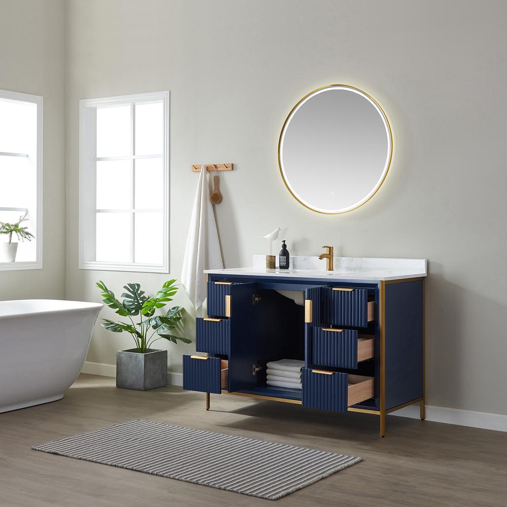 Vanity in Royal Blue with White Composite Grain Stone Countertop With Mirror. Picture 5