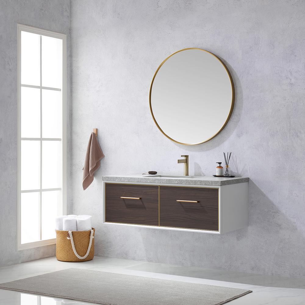 Single Sink Bath Vanity in Dark Walnut with Grey Sintered Stone Top and Mirror. Picture 5