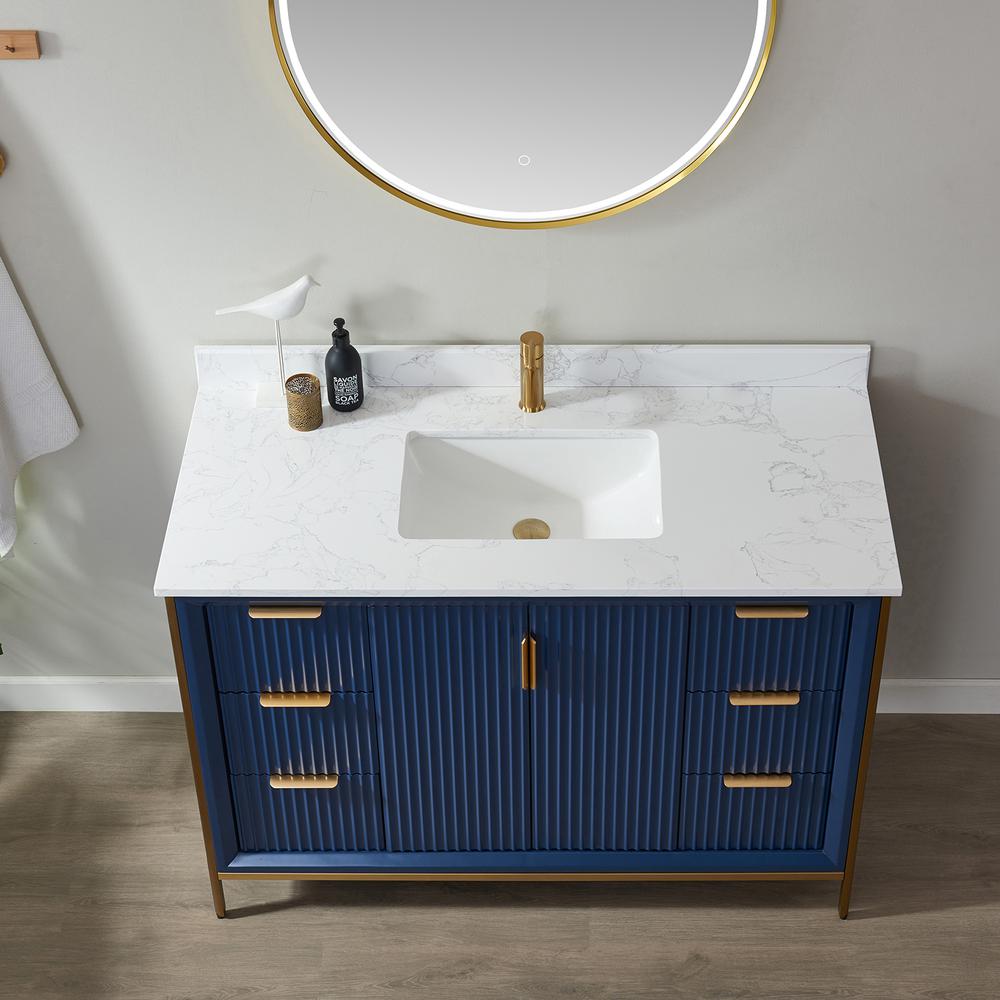 Vanity in Royal Blue with White Composite Grain Stone Countertop With Mirror. Picture 6