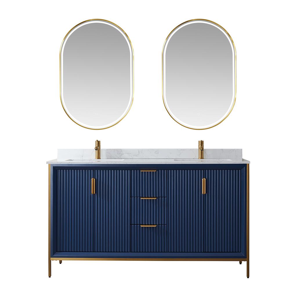 Vanity in Royal Blue with White Composite Grain Stone Countertop With Mirror. Picture 1