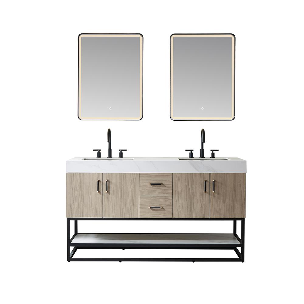 Double Sink Bath Vanity with White Sintered Stone Top and Mirror. Picture 1