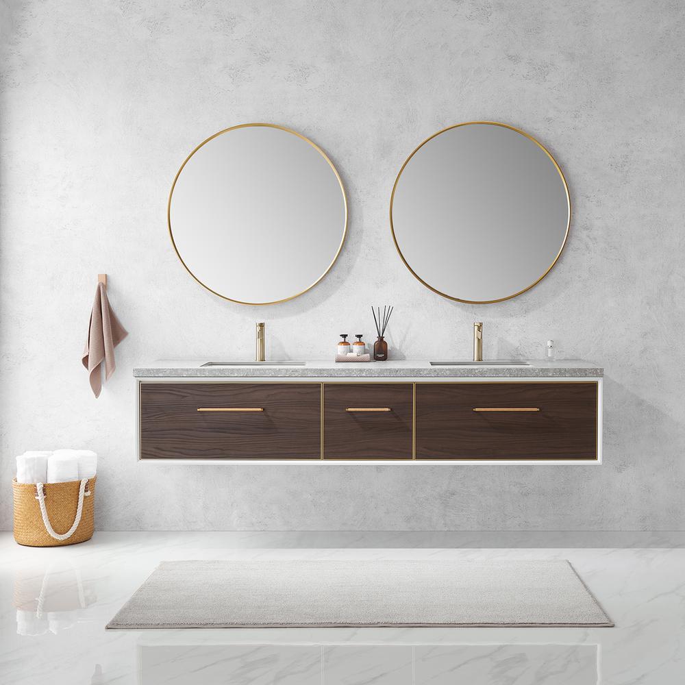 Double Sink Bath Vanity in Dark Walnut with Grey Sintered Stone Top and Mirror. Picture 4