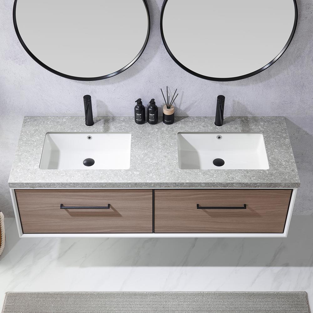 Double Sink Bath Vanity in Light Walnut with Grey Sintered Stone Top and Mirror. Picture 7