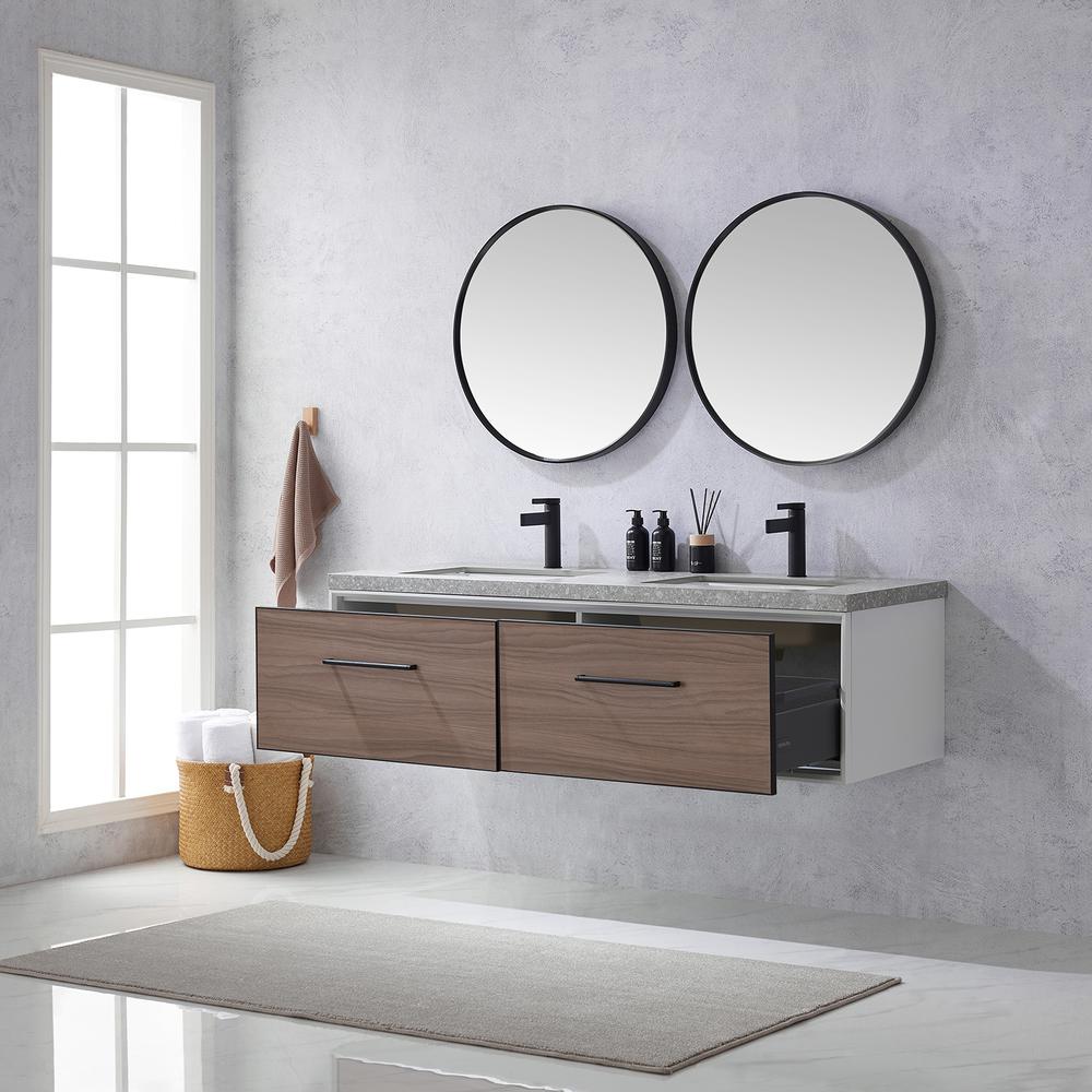 Double Sink Bath Vanity in Light Walnut with Grey Sintered Stone Top and Mirror. Picture 6