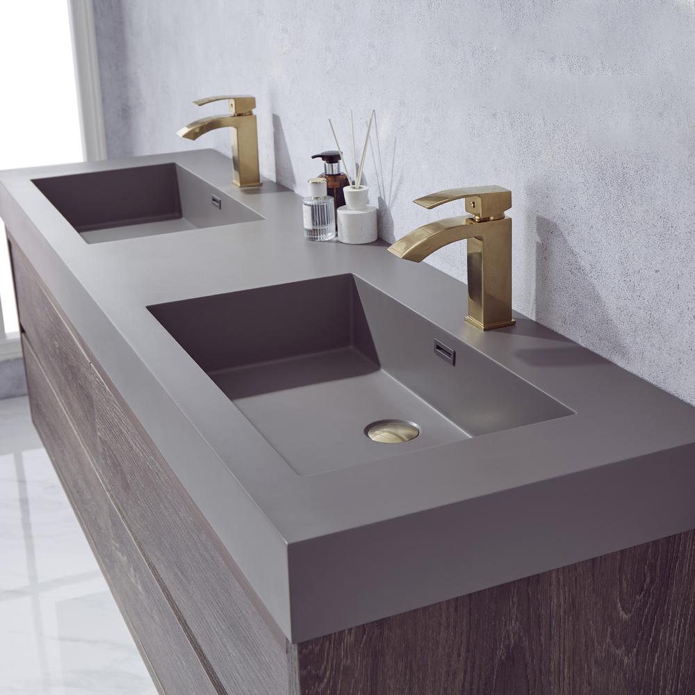 Double Sink Wall-Mount Bath Vanity with Grey Composite Integral Square Sink Top. Picture 8