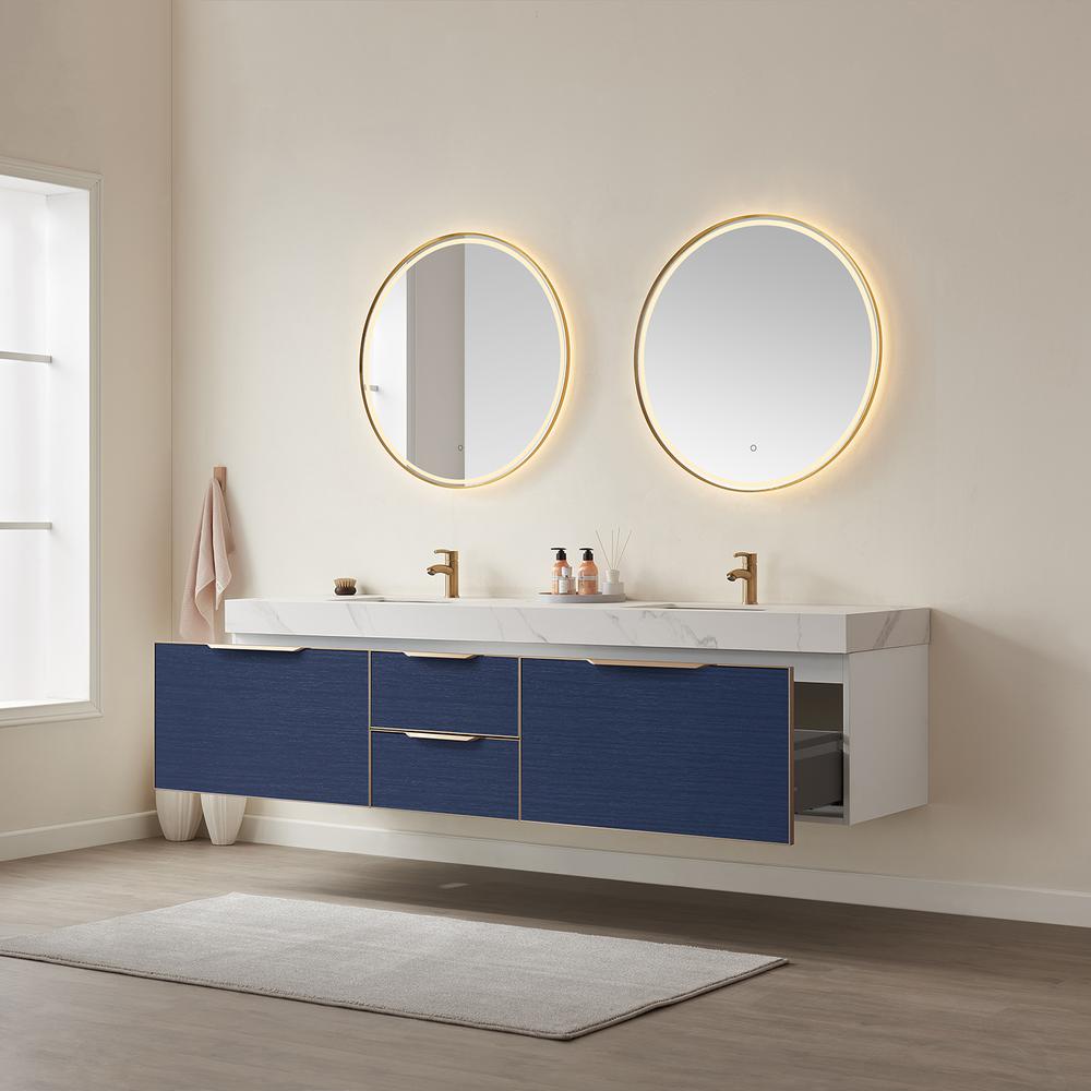 Double Sink Bath Vanity in Blue with White Sintered Stone Top and Mirror. Picture 5