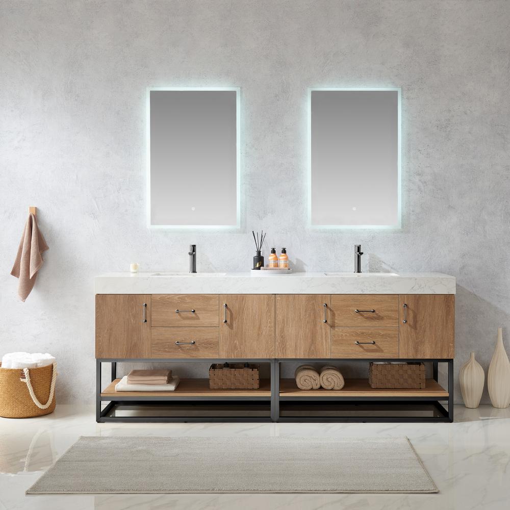 84B" Double Sink Bath Vanity with White Grain Stone Countertop and Mirror. Picture 3