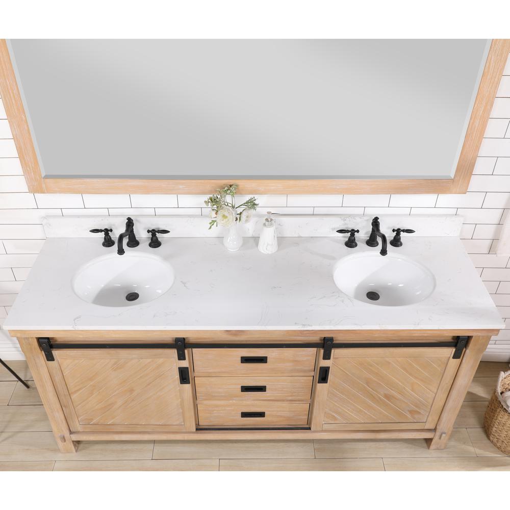 Double Sink Bath Vanity with White Composite Countertop and Mirror. Picture 4