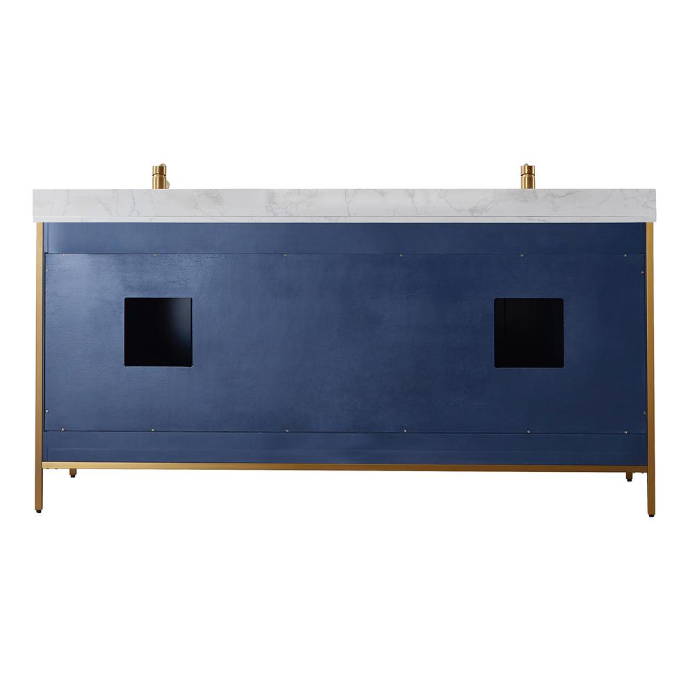 Vanity in Royal Blue with White Composite Grain Stone Countertop With Mirror. Picture 2