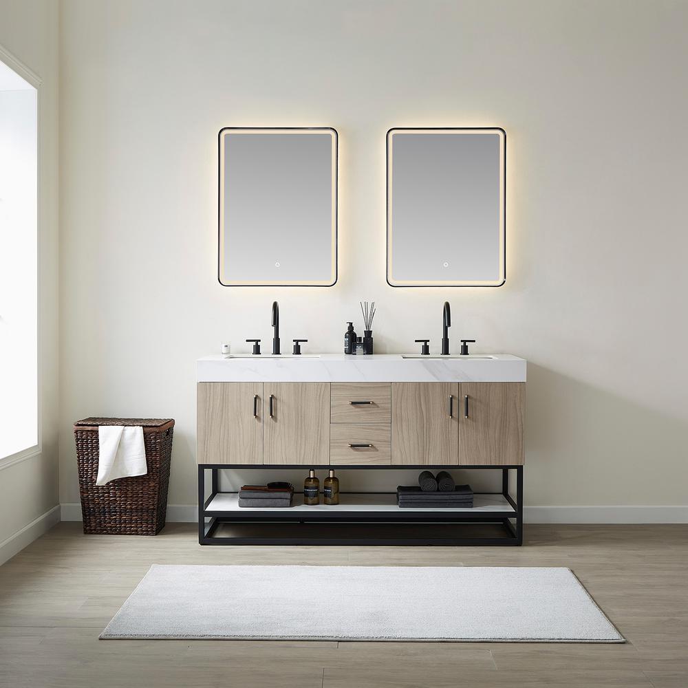 Double Sink Bath Vanity with White Sintered Stone Top and Mirror. Picture 4