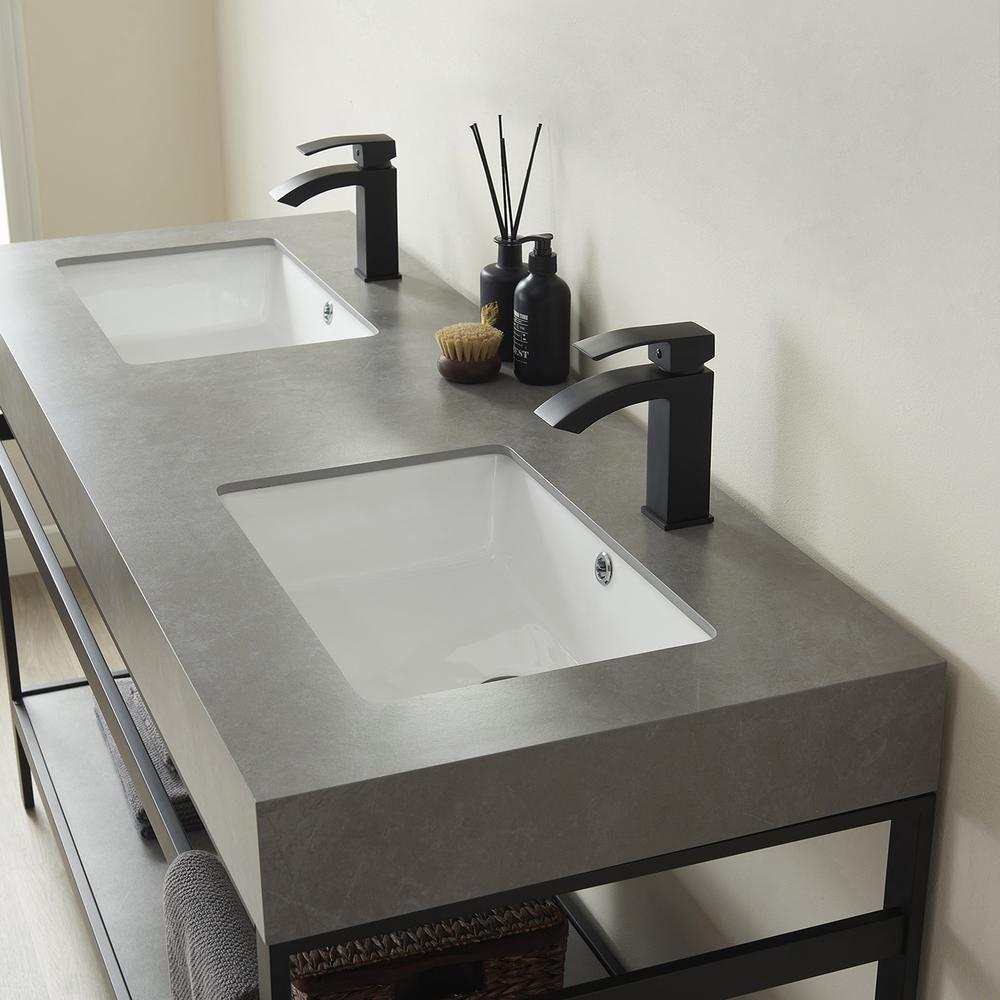 Double Sink Bath Vanity Metal Support with Grey Sintered Stone Top. Picture 6