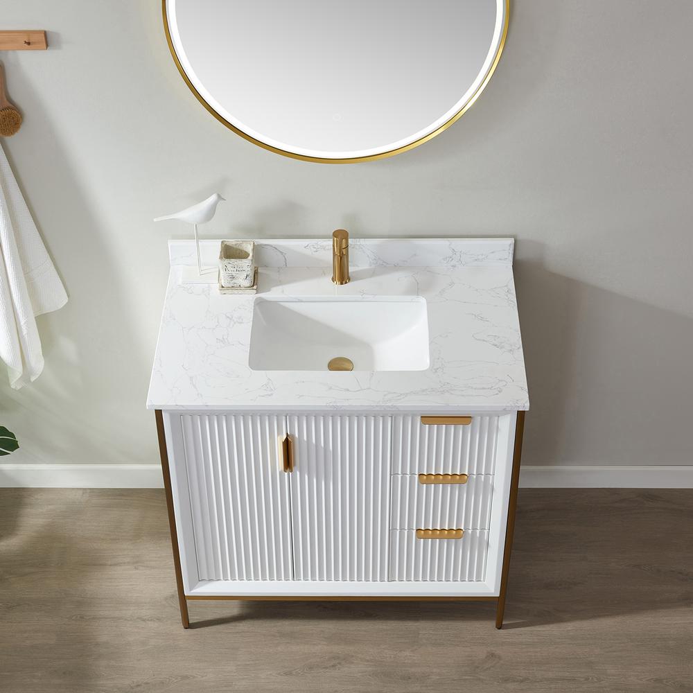 Vanity in White with White Composite Grain Stone Countertop With Mirror. Picture 6