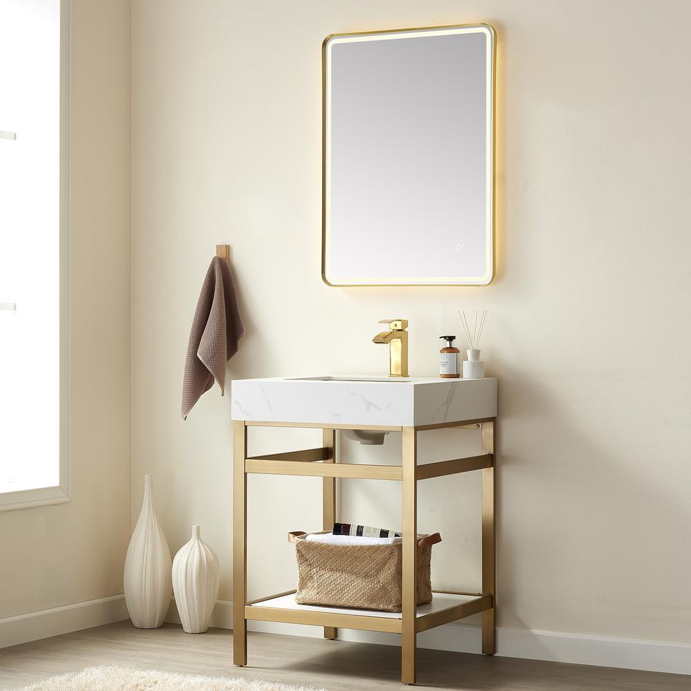 Single Sink Bath Vanity Metal Support with White Sintered Stone Top and Mirror. Picture 3