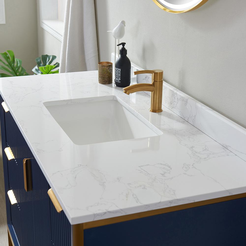 Vanity in Royal Blue with White Composite Grain Stone Countertop With Mirror. Picture 7