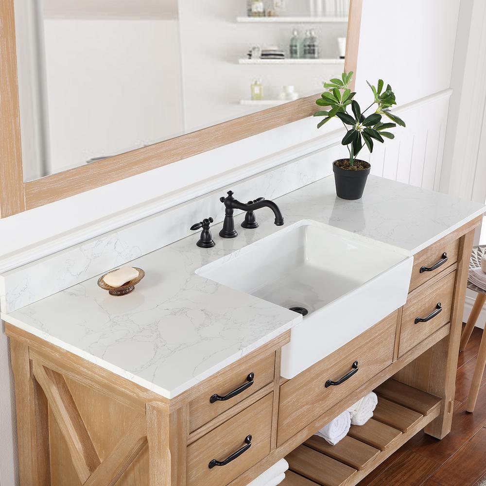 Single Bath Vanity with Composite Stone Top, White Farmhouse Basin and Mirror. Picture 8