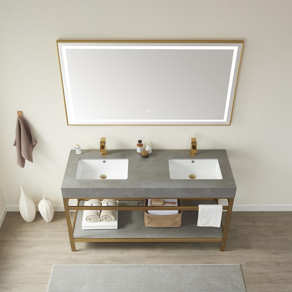 Double Sink Bath Vanity Metal Support with Grey Sintered Stone Top and Mirror. Picture 5
