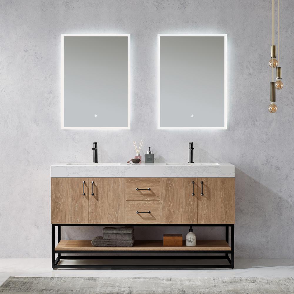 60B" Double Vanity with White Grain Stone Countertop With Mirror. Picture 8