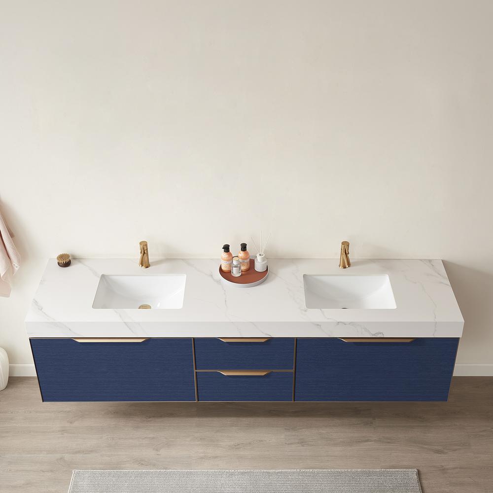 Alicante 84" Double Sink Bath Vanity in Blue with White Sintered Stone Top. Picture 7
