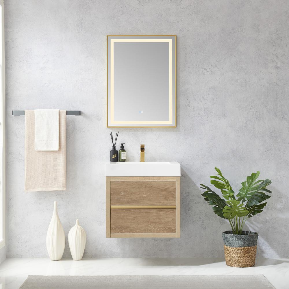 Single Sink Wall-Mount Bath Vanity Composite Integral Square Sink Top, Mirror. Picture 3
