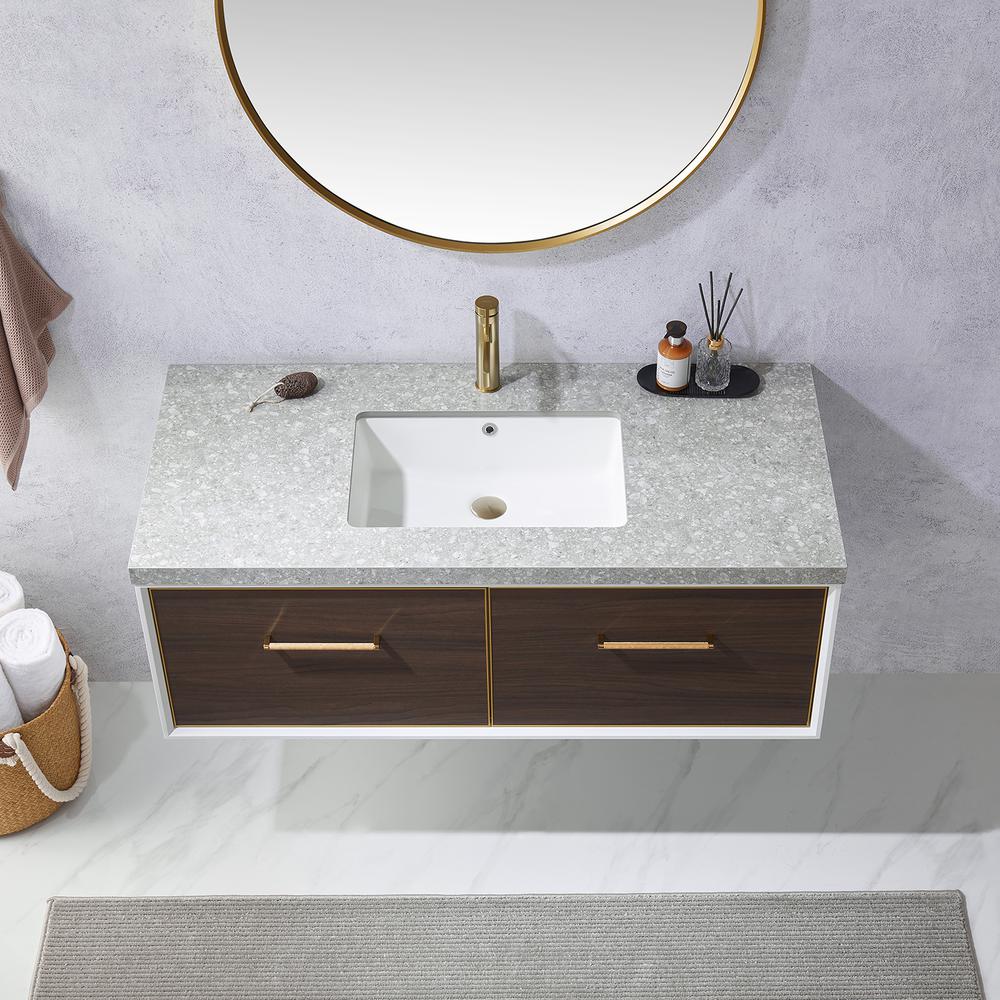 Single Sink Bath Vanity in Dark Walnut with Grey Sintered Stone Top and Mirror. Picture 7