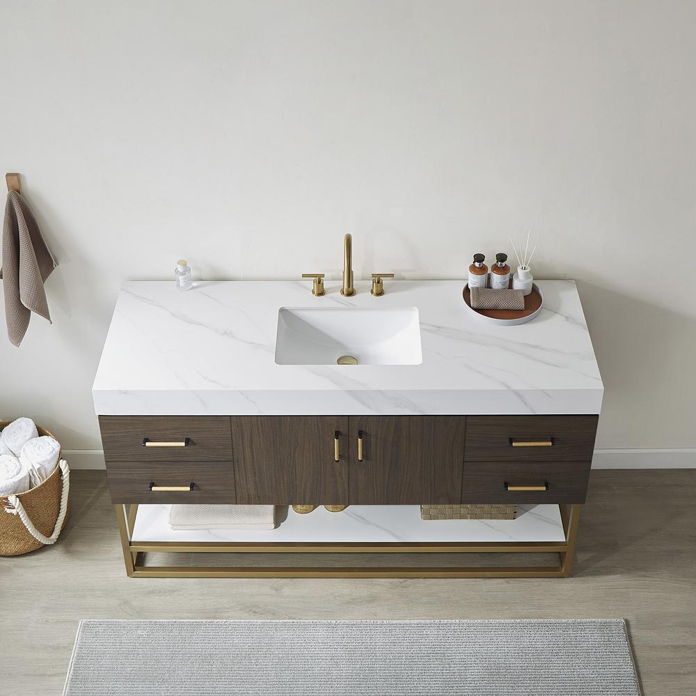 Toledo 60"Single Sink Bath Vanity in Dark Walnut with White Sintered Stone Top. Picture 8