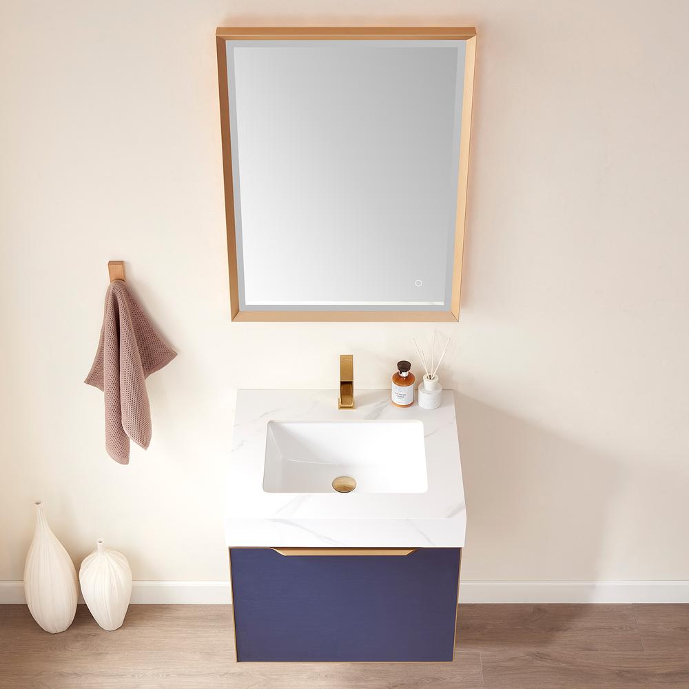 Single Sink Bath Vanity in Blue with White Sintered Stone Top and Mirror. Picture 6