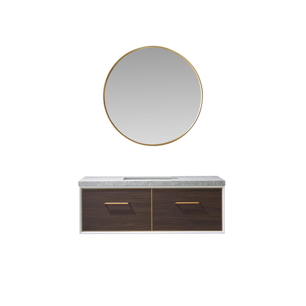Single Sink Bath Vanity in Dark Walnut with Grey Sintered Stone Top and Mirror. Picture 2
