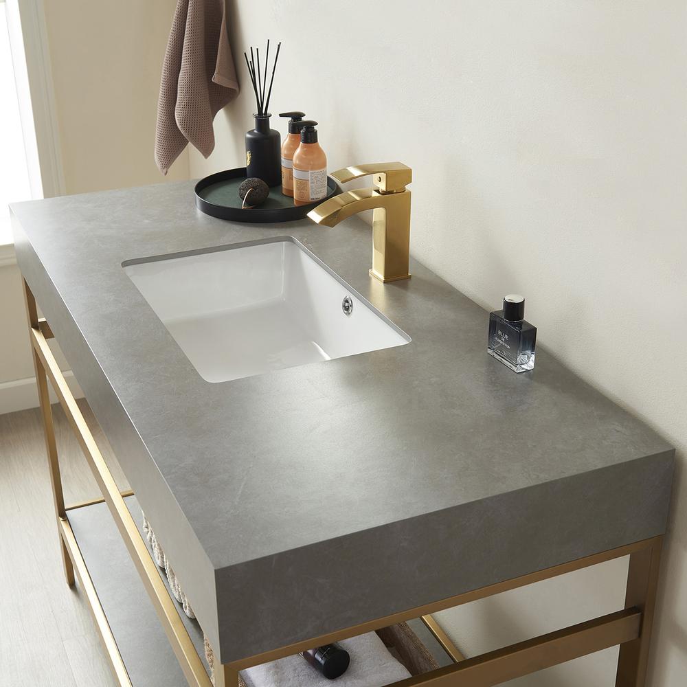 Single Sink Bath Vanity Metal Support with Grey Sintered Stone Top. Picture 6