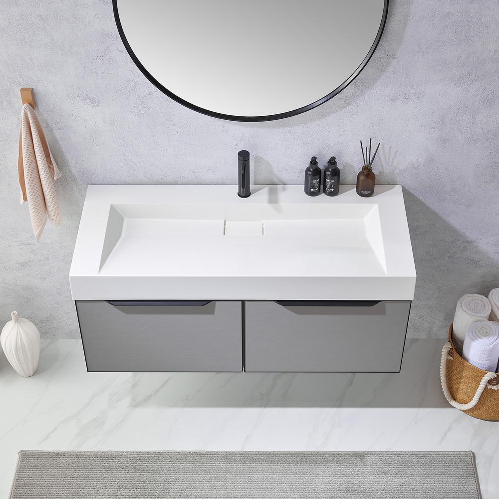 Single Sink Bath Vanity in Grey One-Piece Composite Stone Sink Top and Mirror. Picture 7