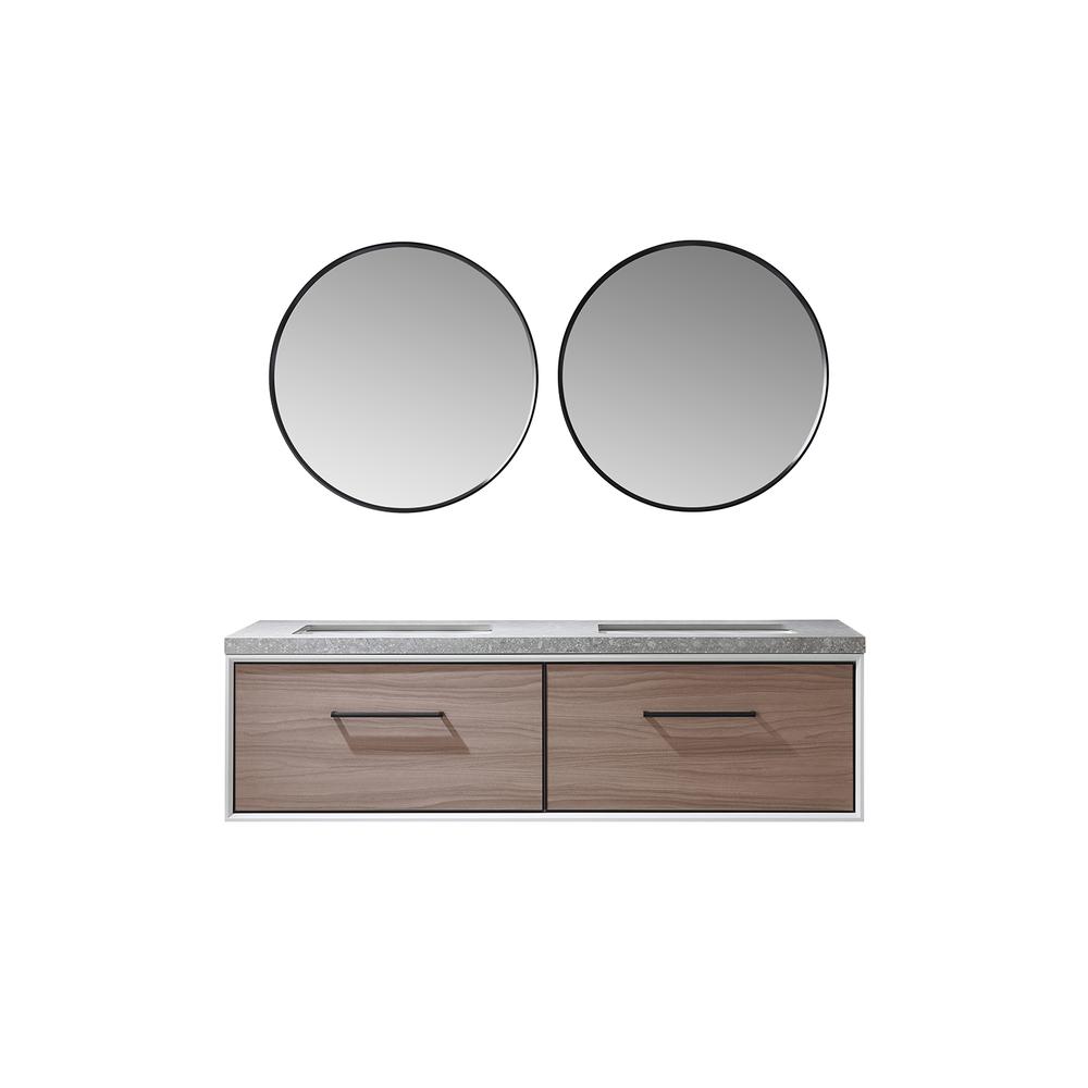 Double Sink Bath Vanity in Light Walnut with Grey Sintered Stone Top and Mirror. Picture 1