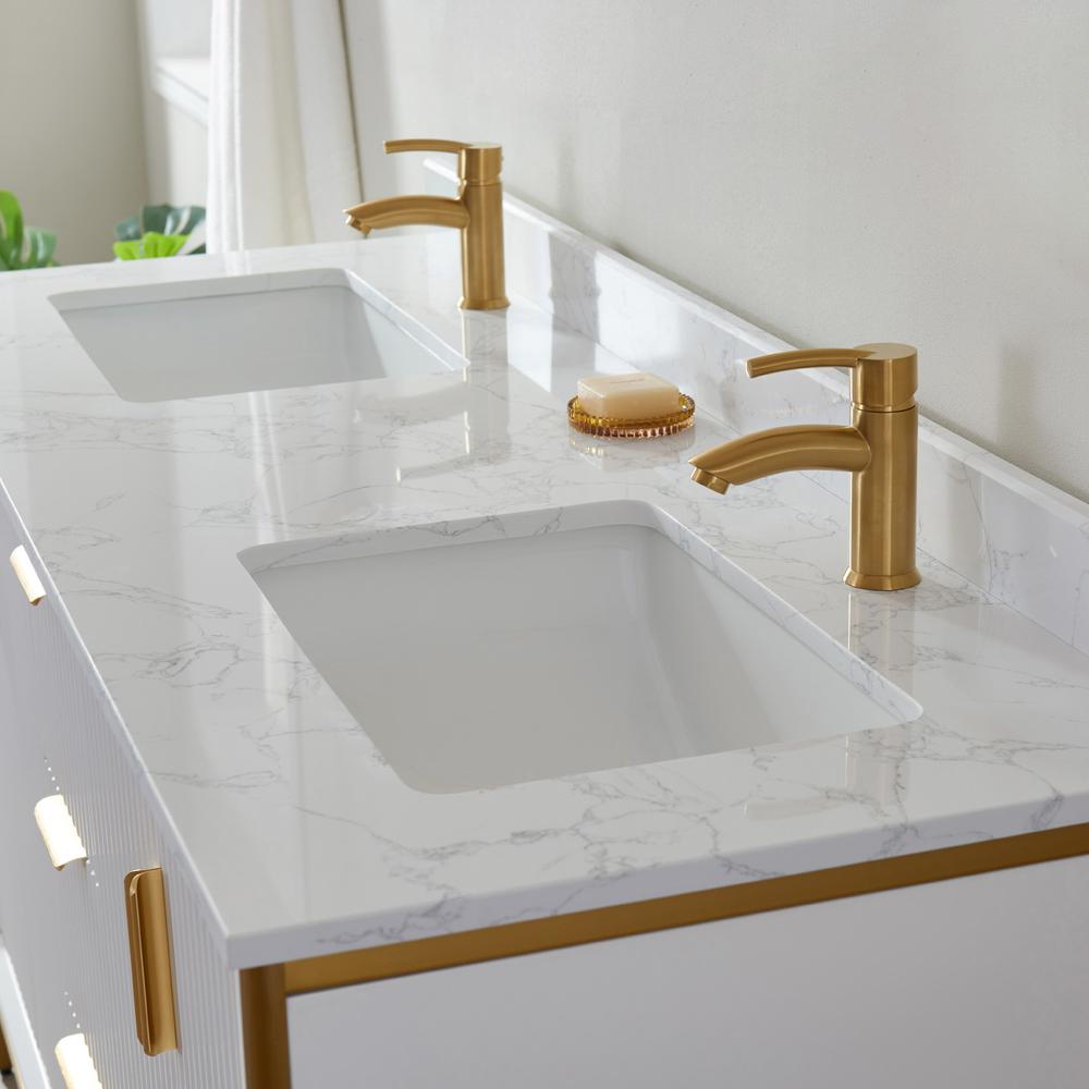 Vanity in White with White Composite Grain Stone Countertop Without Mirror. Picture 7