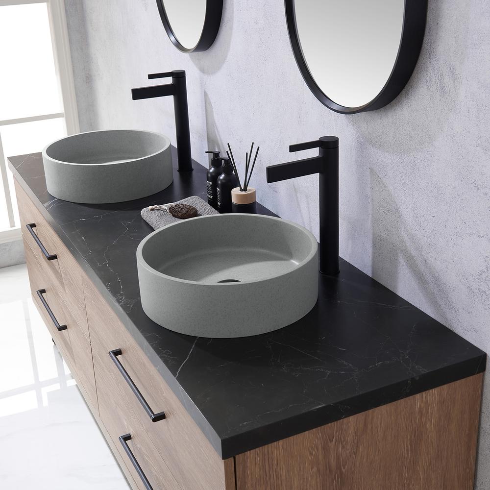 Double Sink Bath Vanity with Sintered Stone Top with Concrete Sink and Mirror. Picture 9