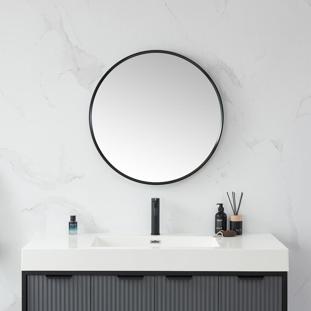 Cascante 28 in. W x 28 in. H Round Metal Wall Mirror in Brushed Black. Picture 3