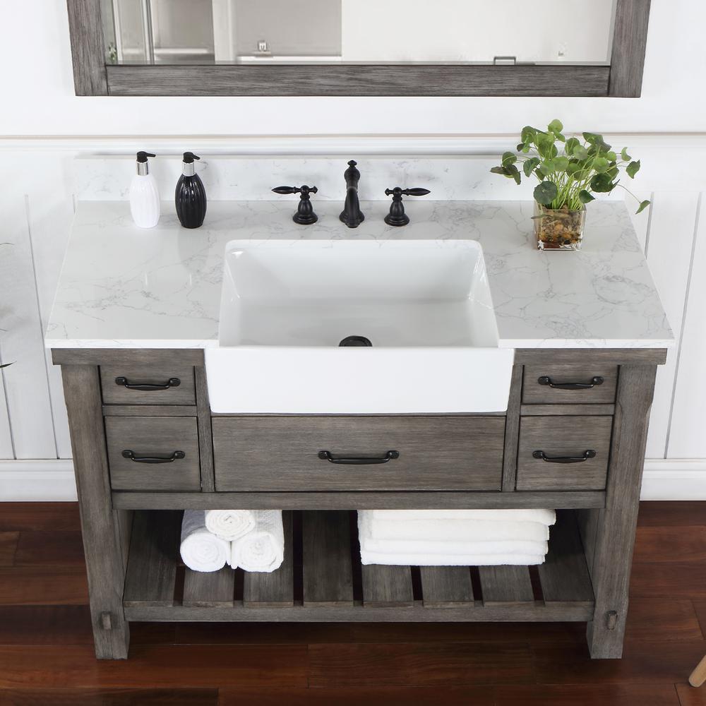 Single Bath Vanity with Composite Stone Top, White Farmhouse Basin and Mirror. Picture 6