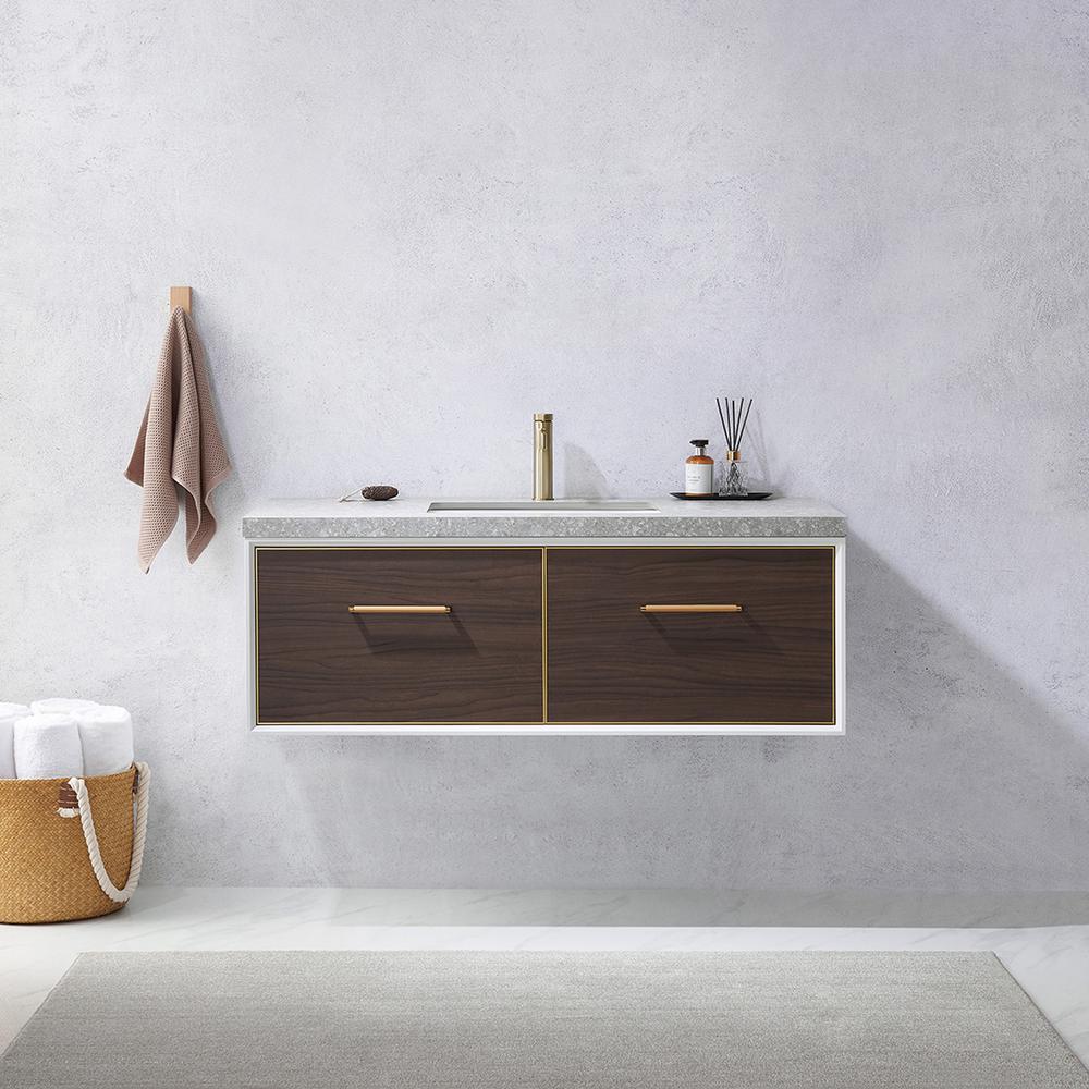 Single Sink Bath Vanity in Dark Walnut  with Grey Sintered Stone Top. Picture 4