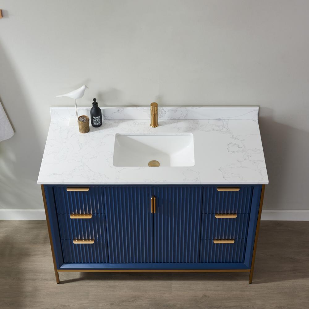 Vanity in Royal Blue with White Composite Grain Stone Countertop Without Mirror. Picture 6