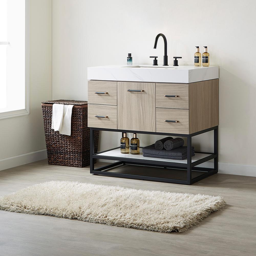 Toledo 36"Single Sink Bath Vanity in Light Walnut with White Sintered Stone Top. Picture 5