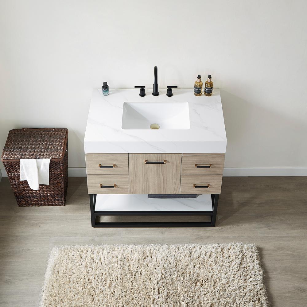 Toledo 36"Single Sink Bath Vanity in Light Walnut with White Sintered Stone Top. Picture 7