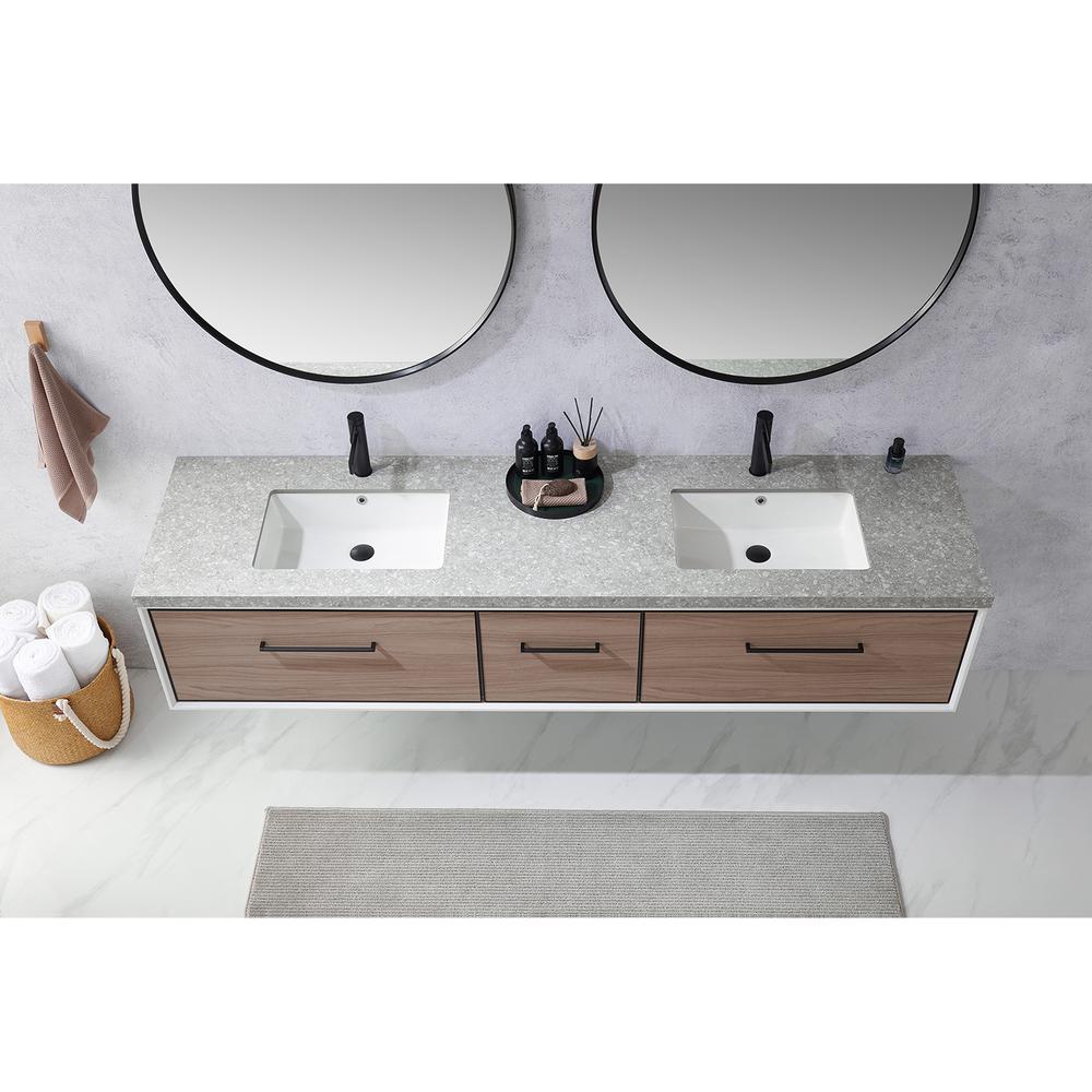 Double Sink Bath Vanity in Light Walnut with Grey Sintered Stone Top and Mirror. Picture 7